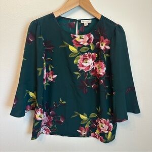 Ellane Rose Floral Blouse in Teal with Pink Flowers